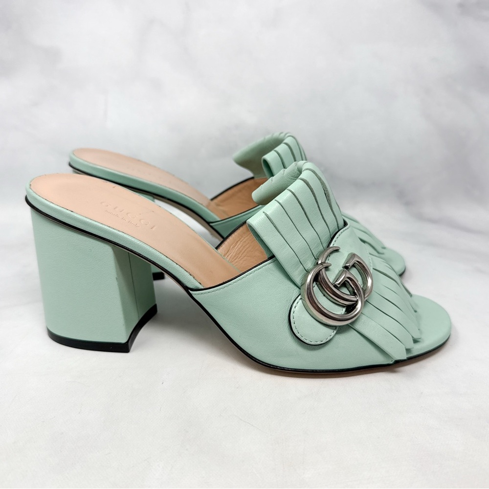 GUCCI Marmont GG Fringe Leather Open Toe Mid Height Slide Mule Sandal Heels 37.5